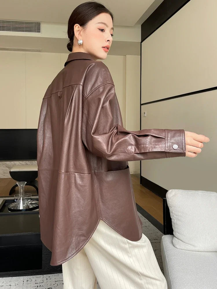 Wine brown leather shirt jacket with pointed collar, button placket, wide cuff details