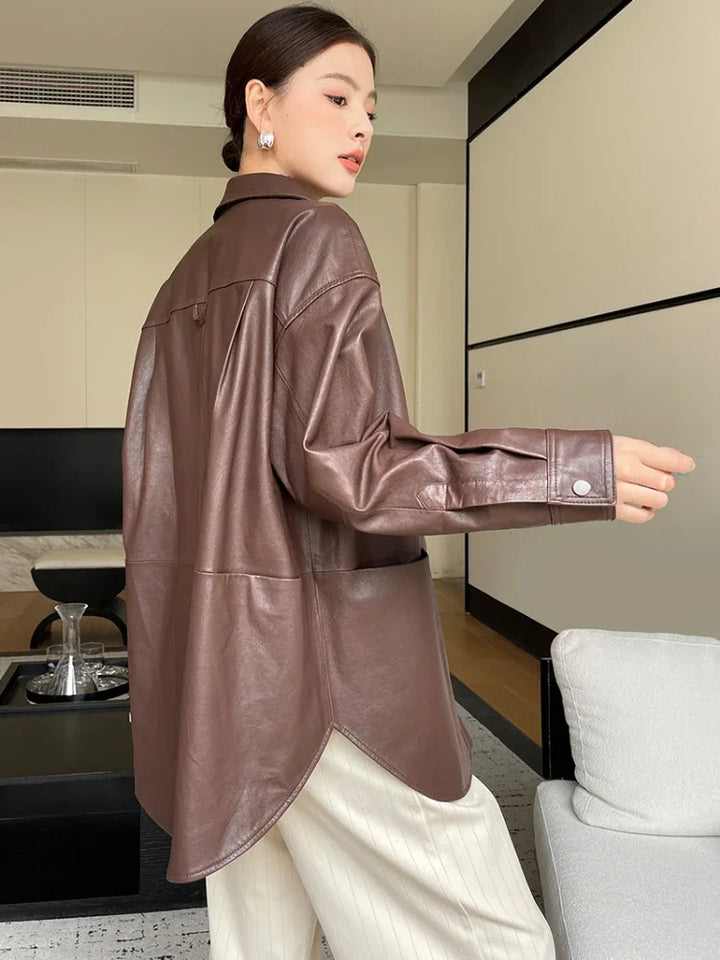 Wine brown leather shirt jacket with pointed collar, button placket, wide cuff details