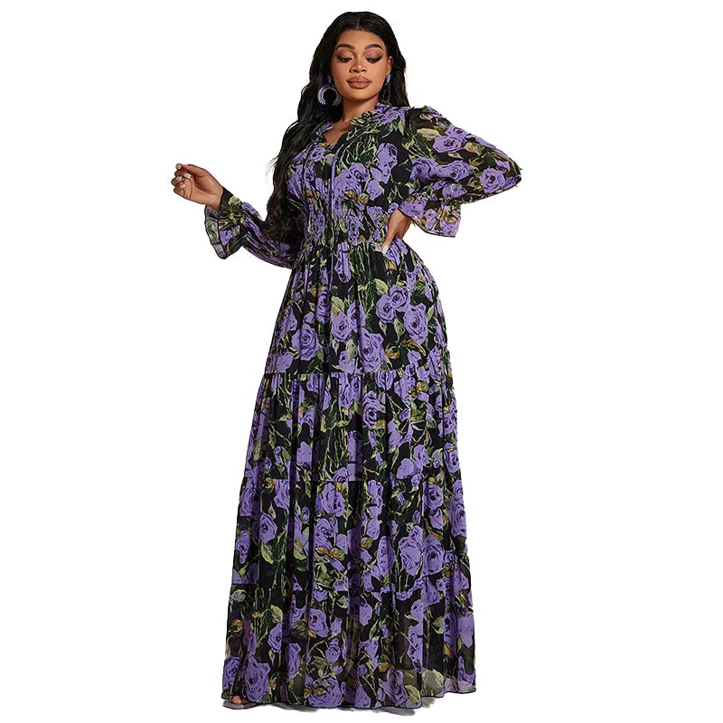 Vintage Print Plus Size Chiffon Maxi Dress