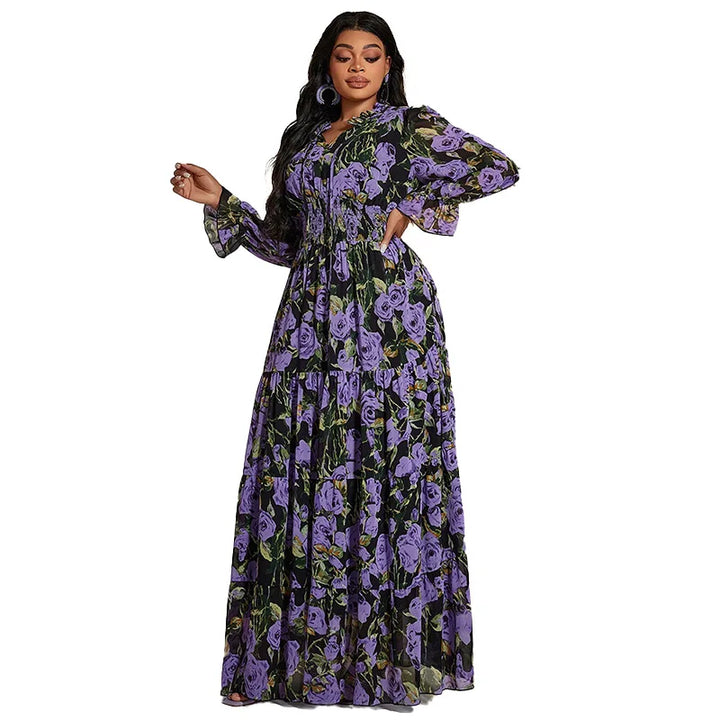 Vintage Print Plus Size Chiffon Maxi Dress