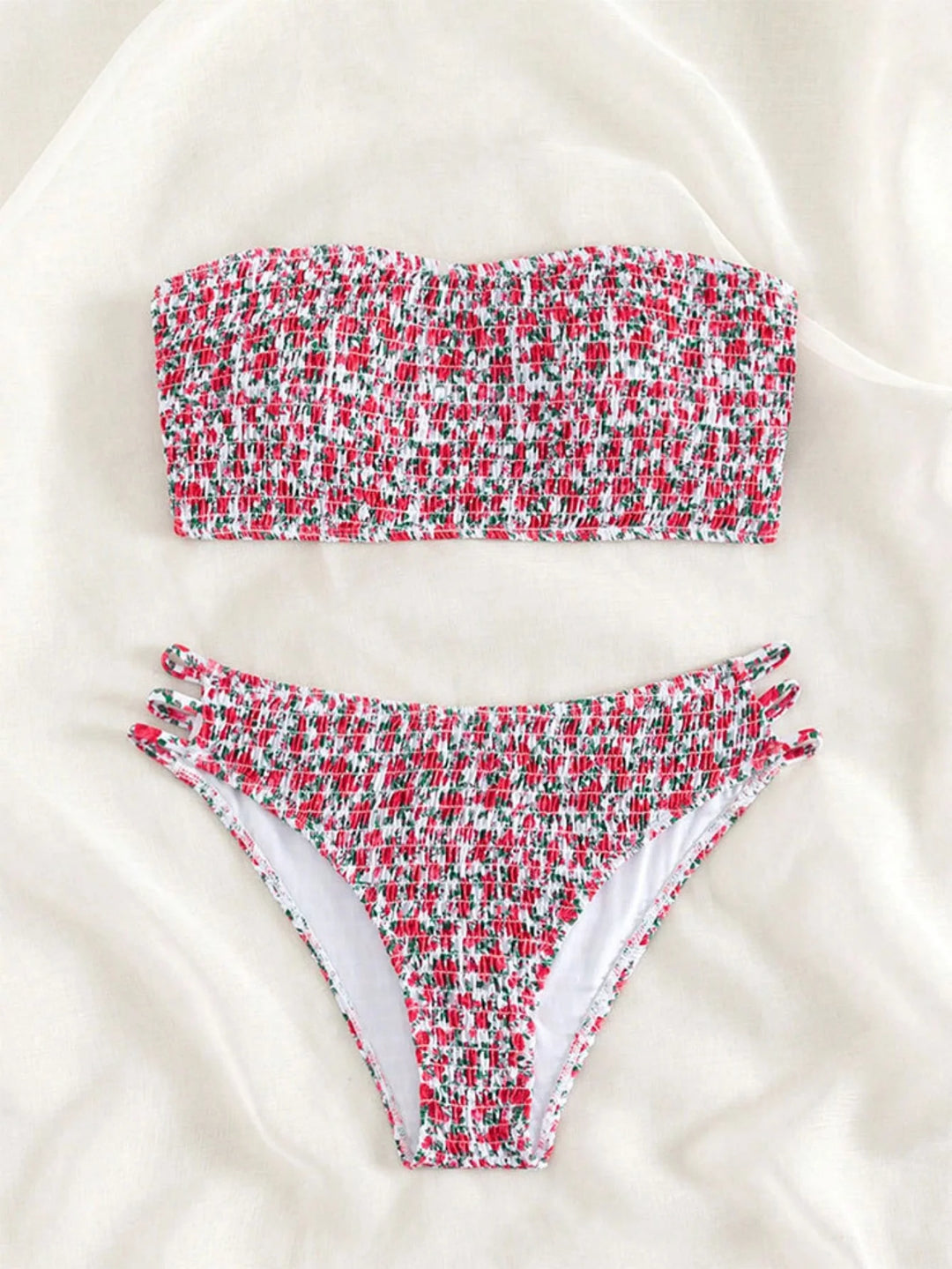 Red floral patterned bandeau bikini set with high-waist bottoms
