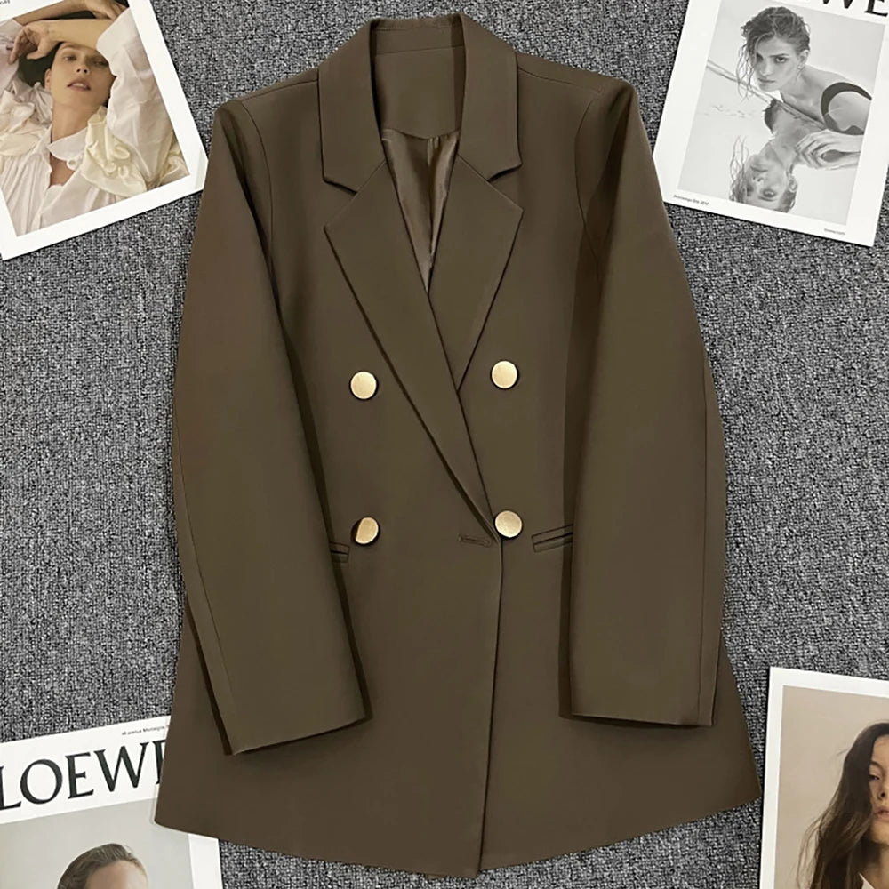Olive double-breasted blazer with notched turn-down collar and gold-tone buttons