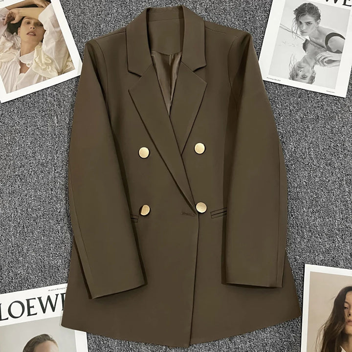 Olive double-breasted blazer with notched turn-down collar and gold-tone buttons