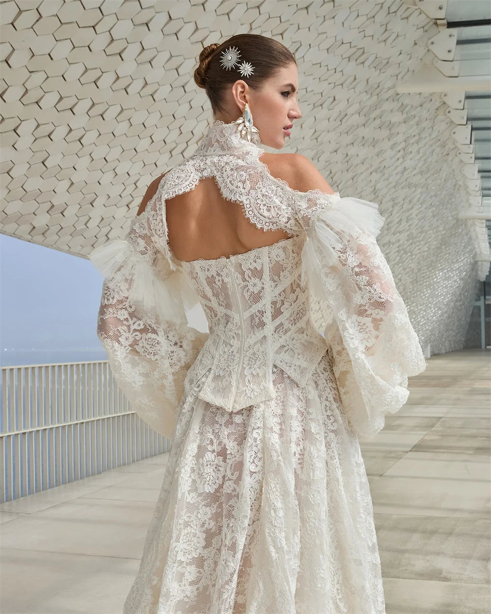 Lace Embroidery Two-Piece Bridal Gown - With Detachable Long Sleeves