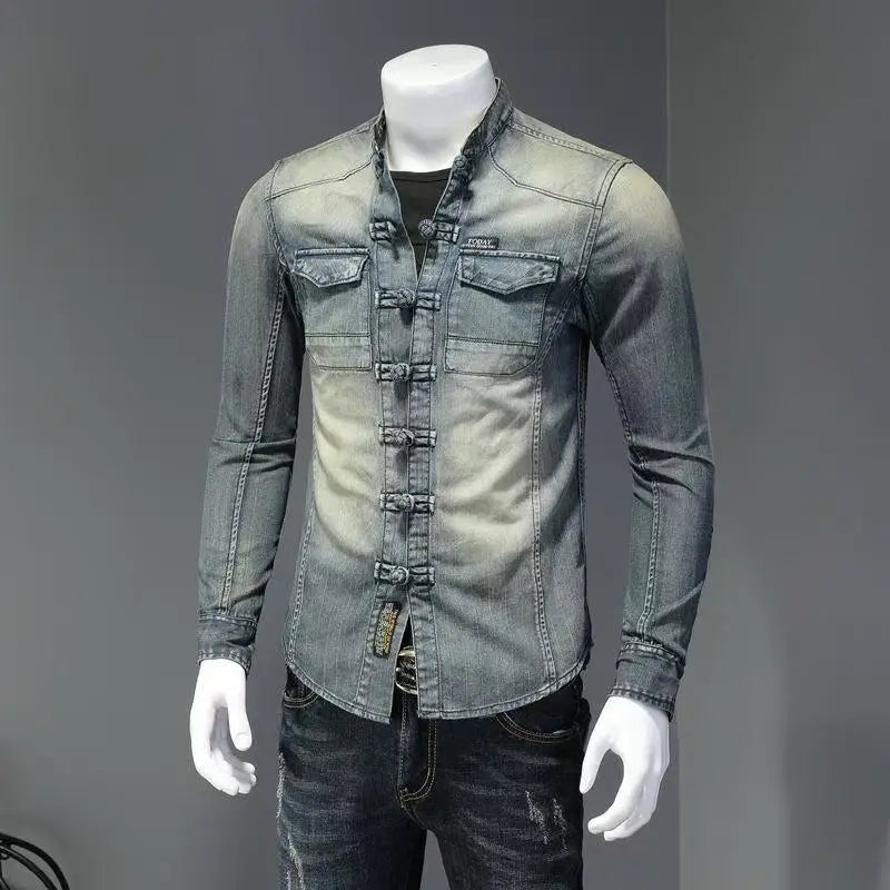 Men’s light blue denim button-up shirt with stand collar and front chest flap pockets