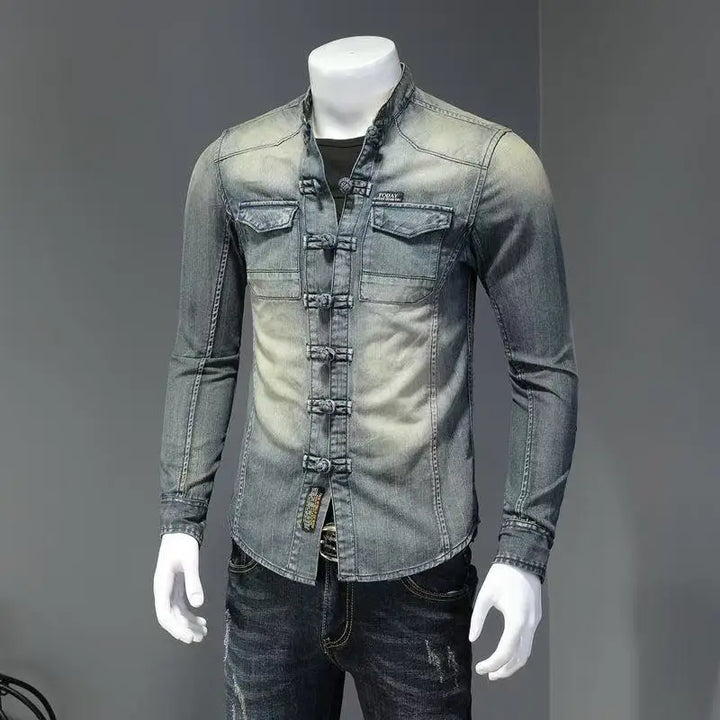 Men’s light blue denim button-up shirt with stand collar and front chest flap pockets