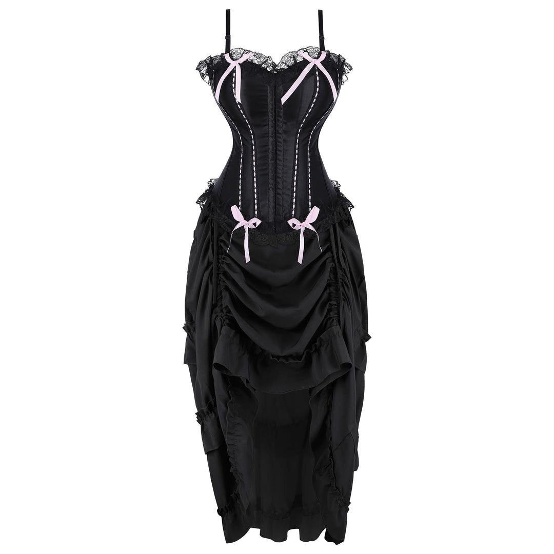 Black corset dress with ruffled layer skirt and lace trim, pink bow details