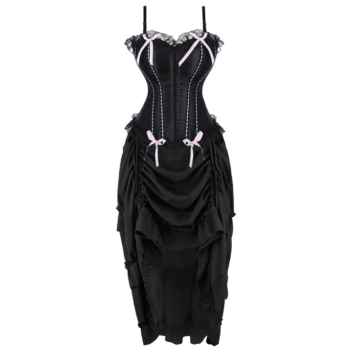 Black corset dress with ruffled layer skirt and lace trim, pink bow details