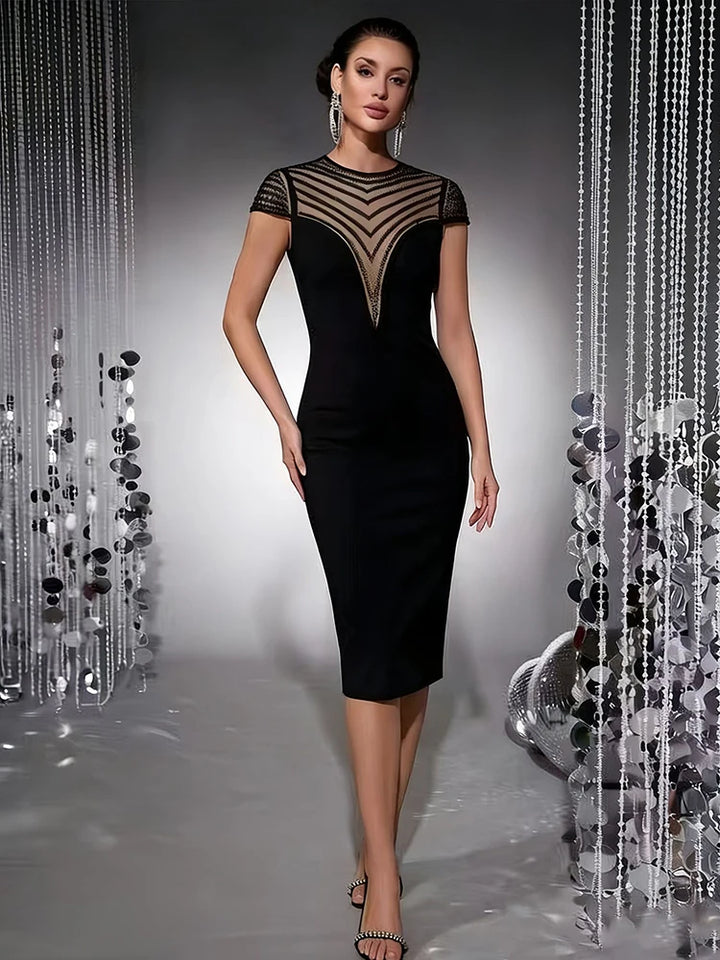 Classic O-Neck Mesh Beaded Cocktail Dress