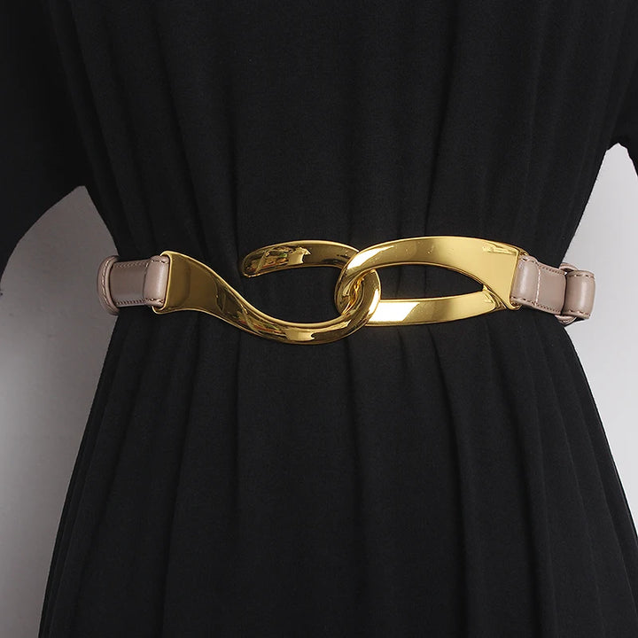 Leather corset waist belt with gold buckle and light gray leather straps