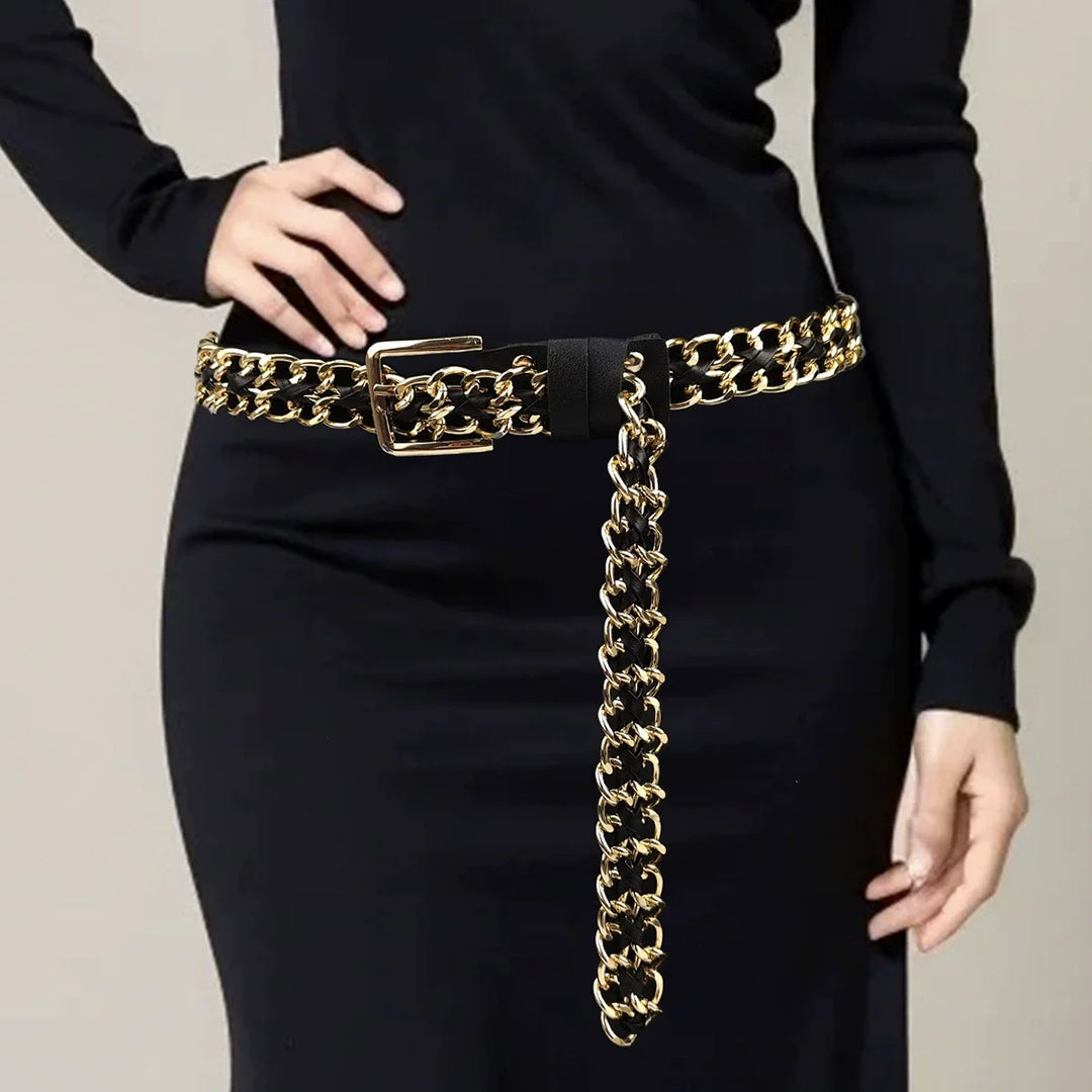 Gold chain detail leather belt with black center strap and long dangling chain