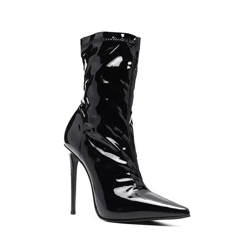 Black patent leather ankle heel boots with pointed toe and slim stiletto heel
