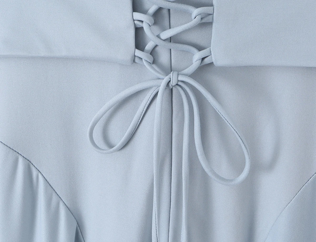 Blue gray lace-up corset neckline with soft ruching and bow-tie drawstring