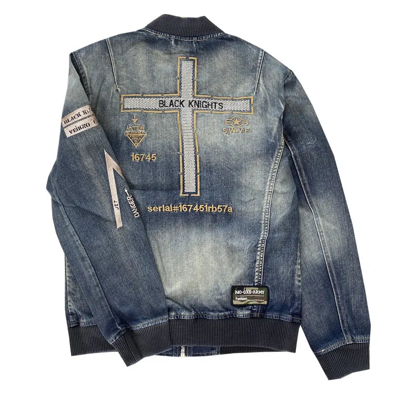 Blue denim slim zip-up jacket back with large cross graphic and ribbed hem