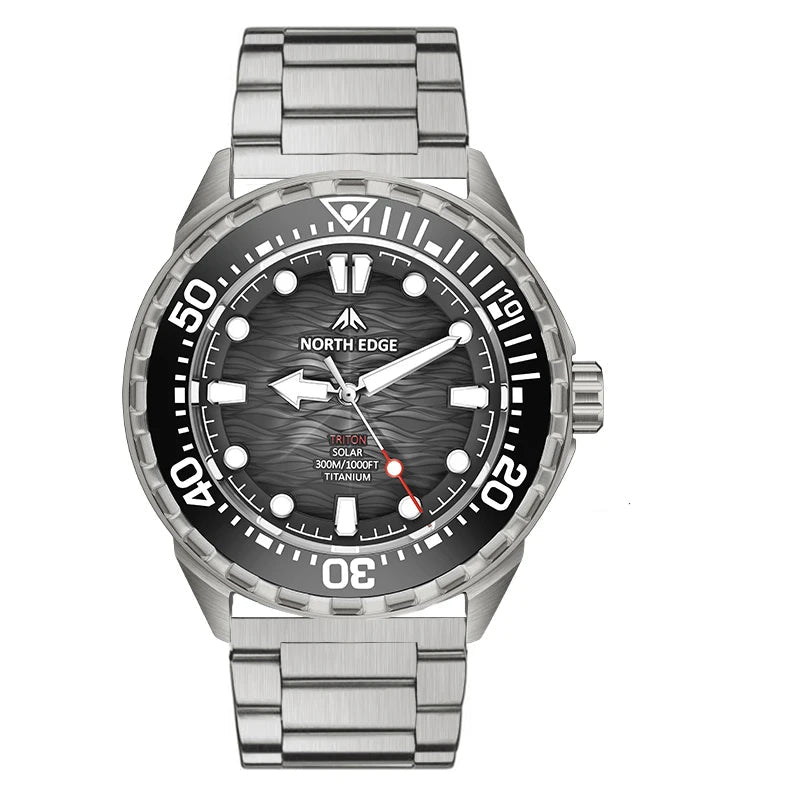 Titanium digital dive watch with black dial and metal bracelet plus black strap