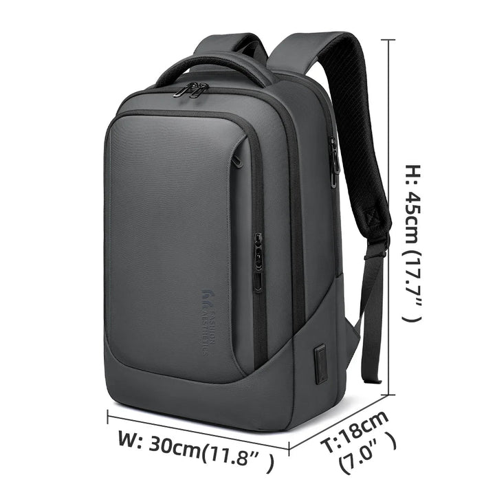 Dark grey waterproof business backpack with front zip compartment and top carry handle