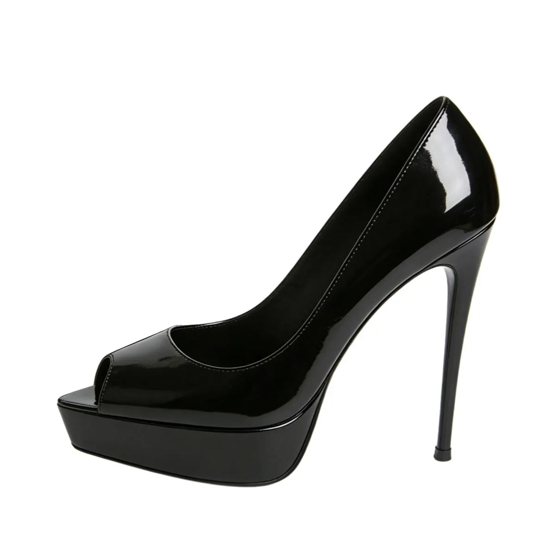 Black patent leather peep-toe platform heel pump, side view