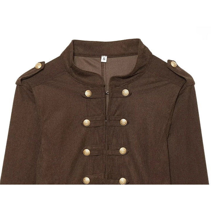 Brown corduroy cropped jacket with gold-tone buttons and zip front