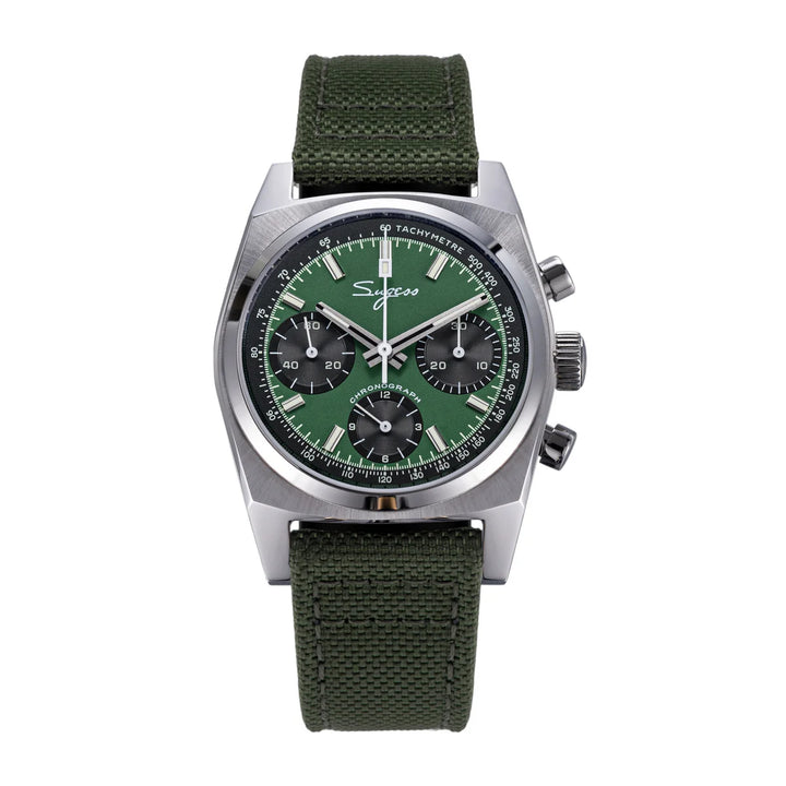 Silver chronograph watch with green dial, green fabric strap and three subdials