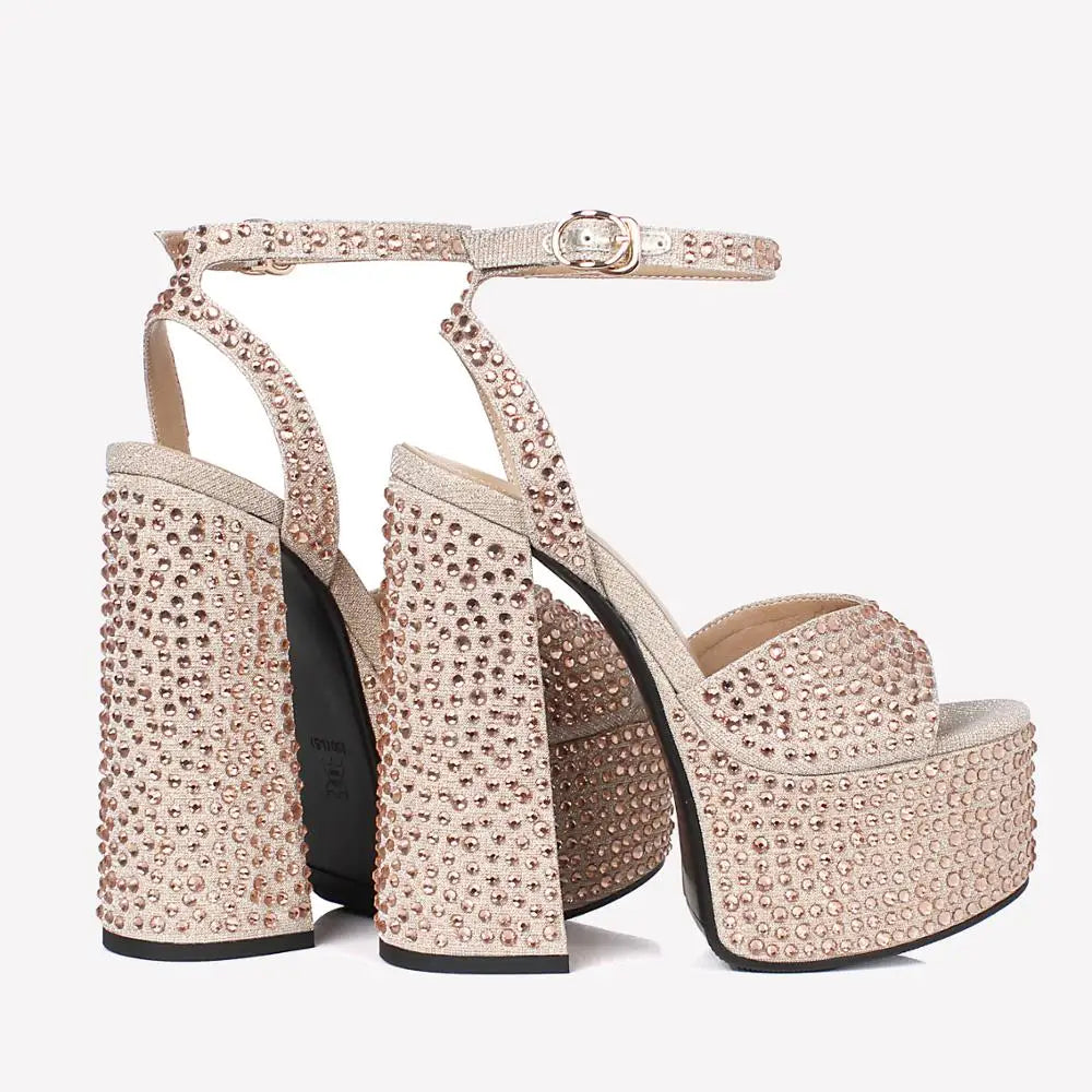 Champagne beige rhinestone platform crystal high-heel sandals with ankle strap, back view