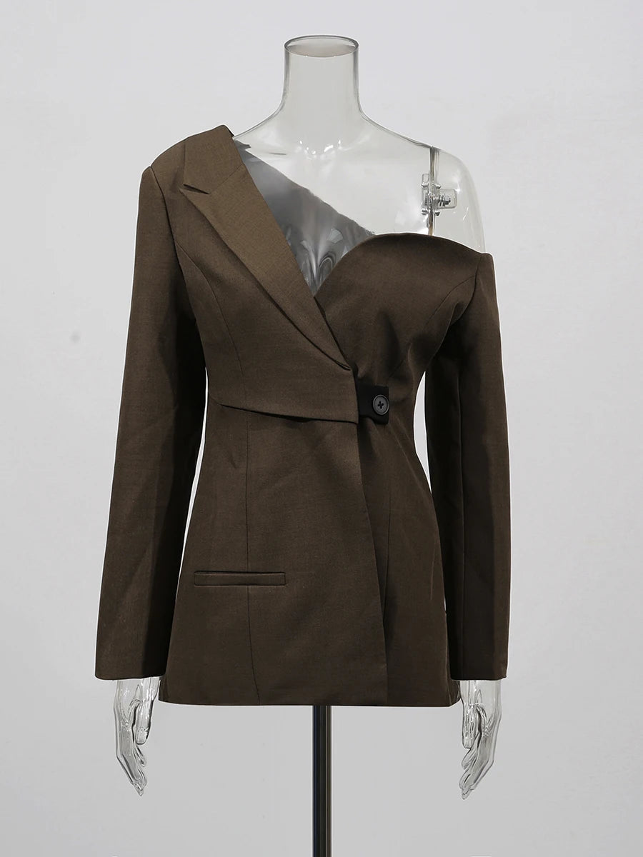 Coffee brown blazer on mannequin with V-neck front, single-button closure, long sleeves