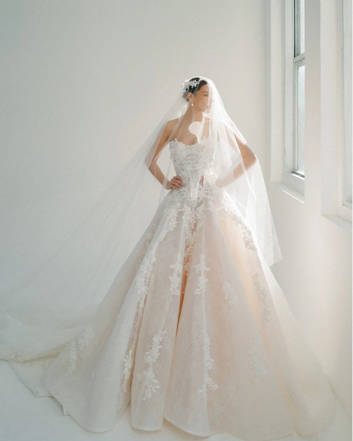 Sweet 3D Floral Applique Bridal Couture - With Veil