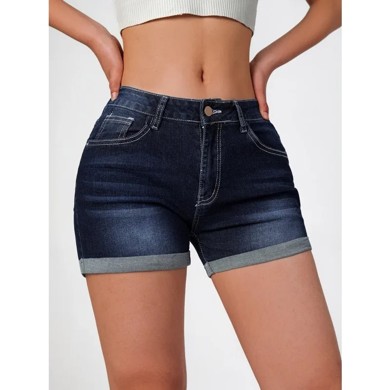 Versatile Elastic Waist Denim Shorts