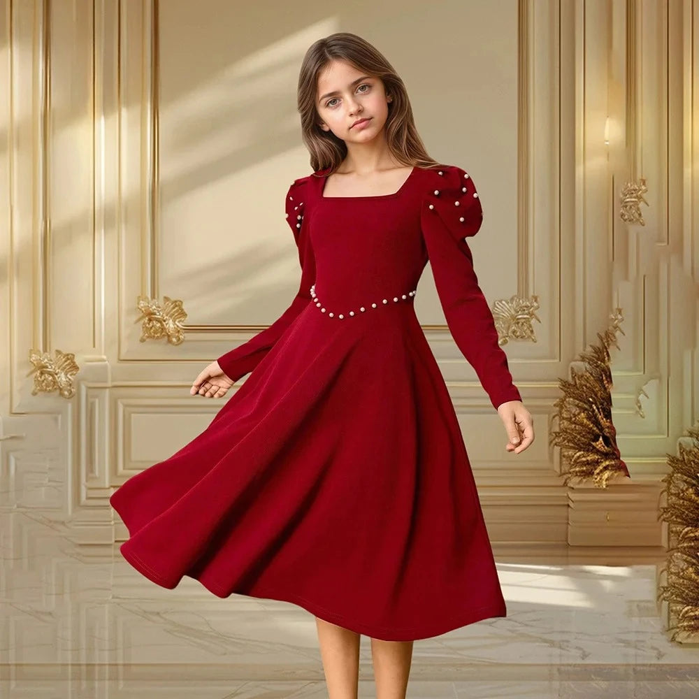 Pearl-Embellished Puff Sleeve Party Dress