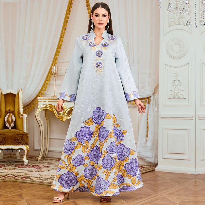 Attractive Floral Print Moroccan Abaya Dress