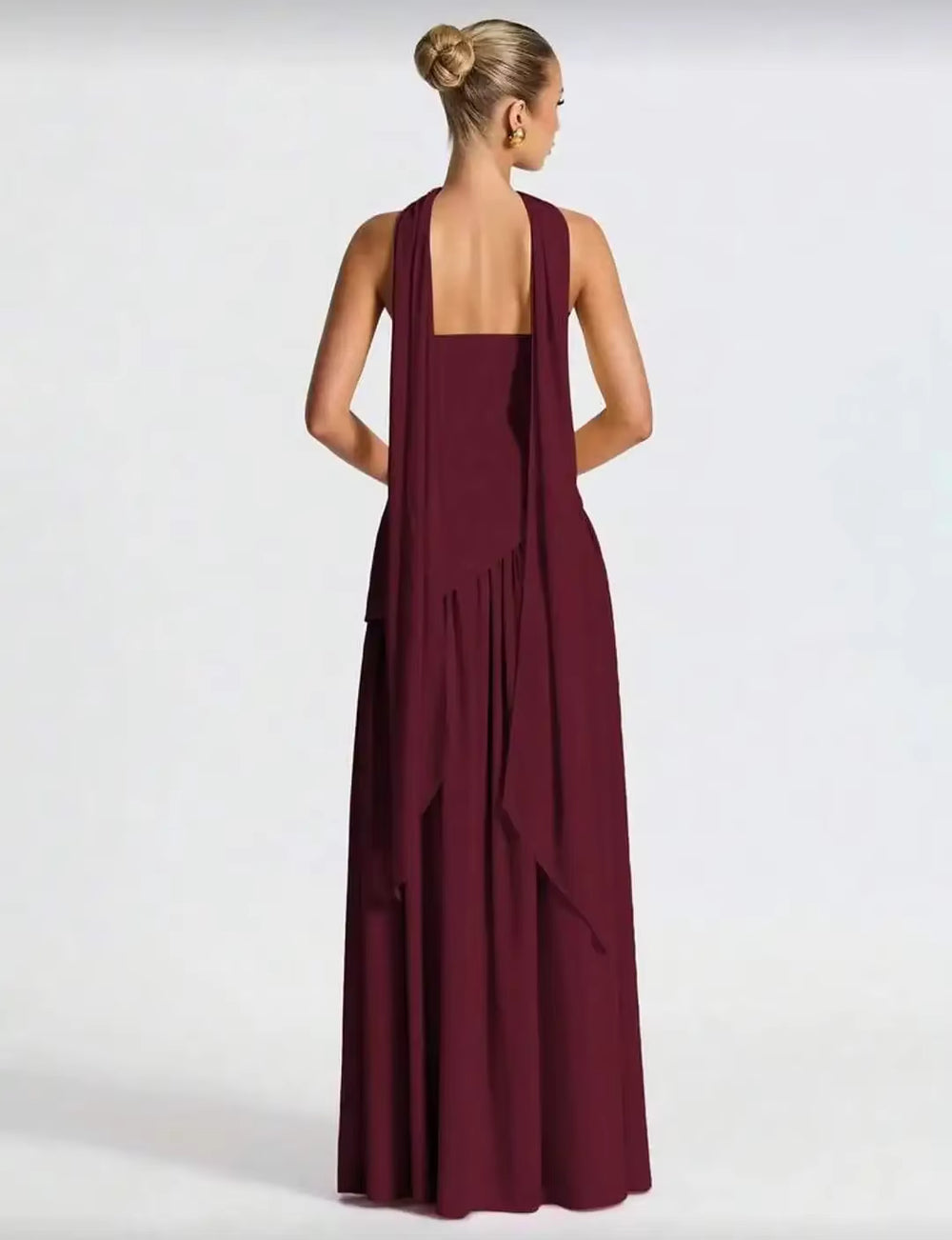Burgundy high-split long dress, open back with draped panel