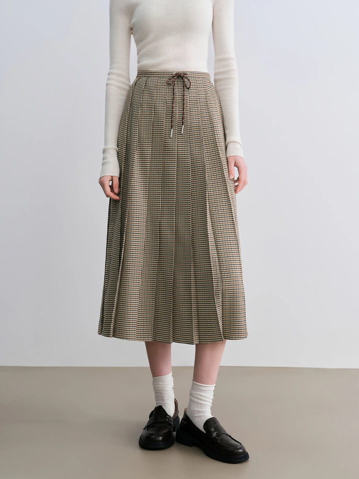 Stylish Mid-Calf Houndstooth Pleated Skirt