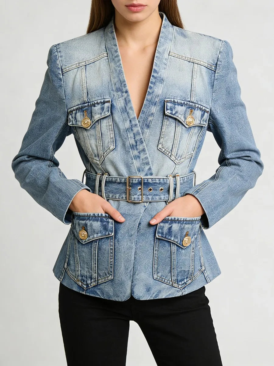 Fashionable Spliced Pockets Denim Jacket
