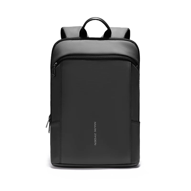 Dark backpack with top handle, front zip pocket, and structured front panel.