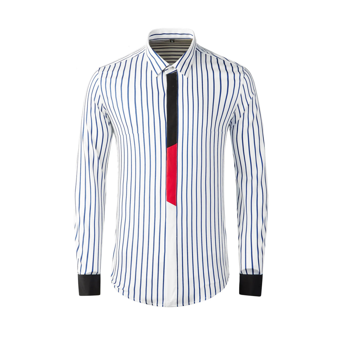 Slim fit striped party shirt, white with blue vertical stripes and red front accent