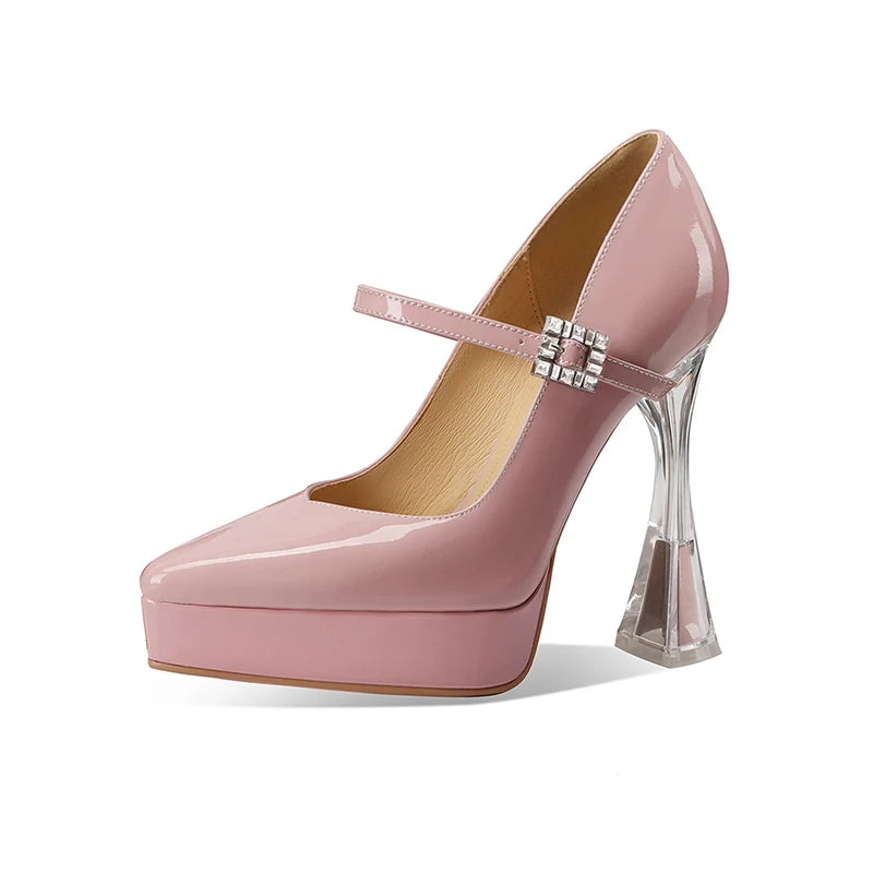 Pink patent platform heel pumps with ankle strap and transparent high heel