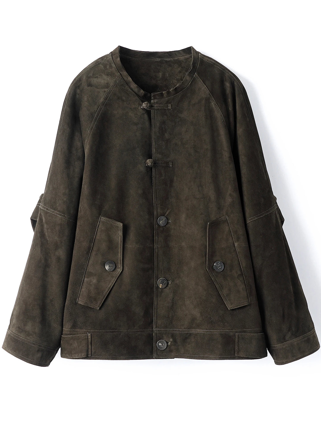 Olive suede cropped jacket for women, front view with button placket and patch pockets