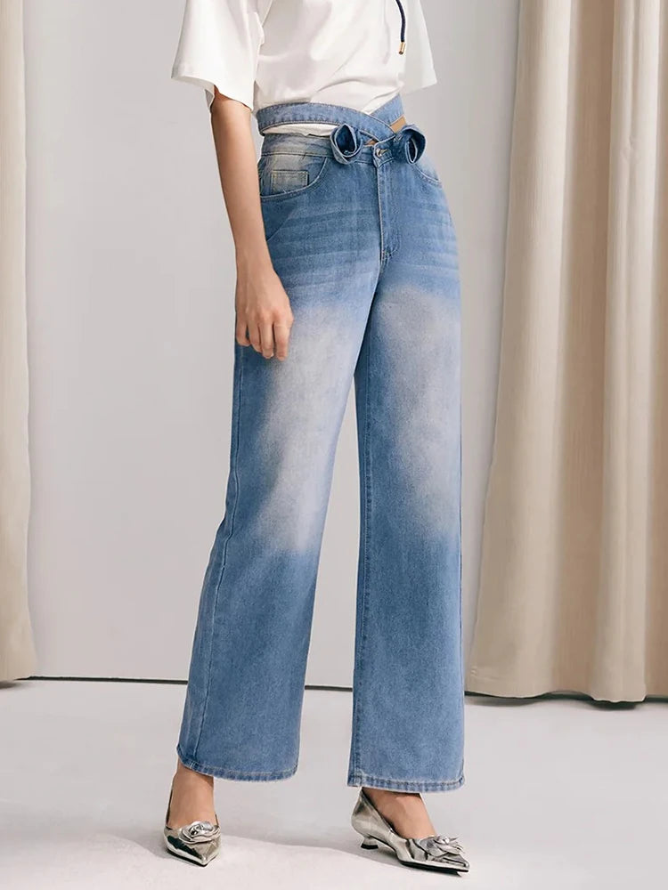 High Waist Appliques Denim Trousers