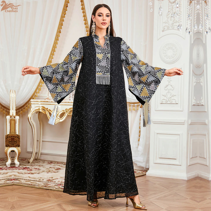 Notched Stand Collar Tassels Abaya Dress