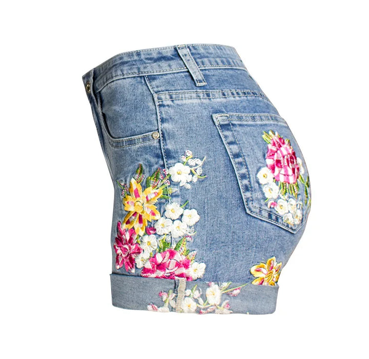 Elegant Flower Embroidery Denim Shorts