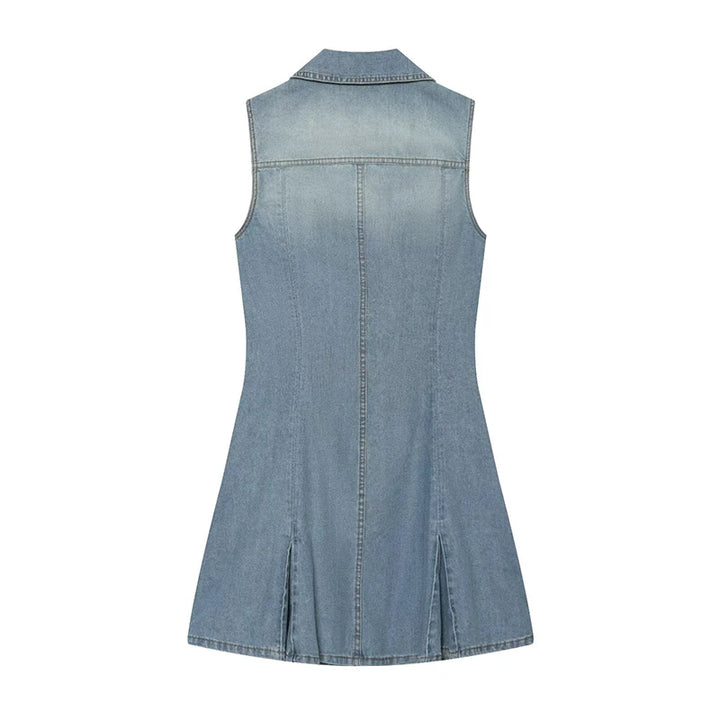 Light blue sleeveless denim mini dress, back view with yoke seam and center stitching