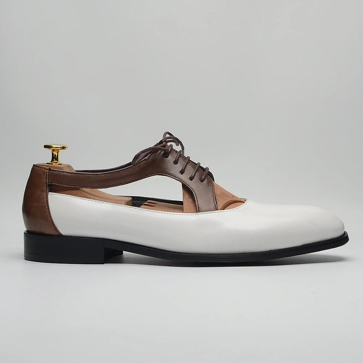 Hollow-out leather lace-up sandals, white and brown leather, side profile
