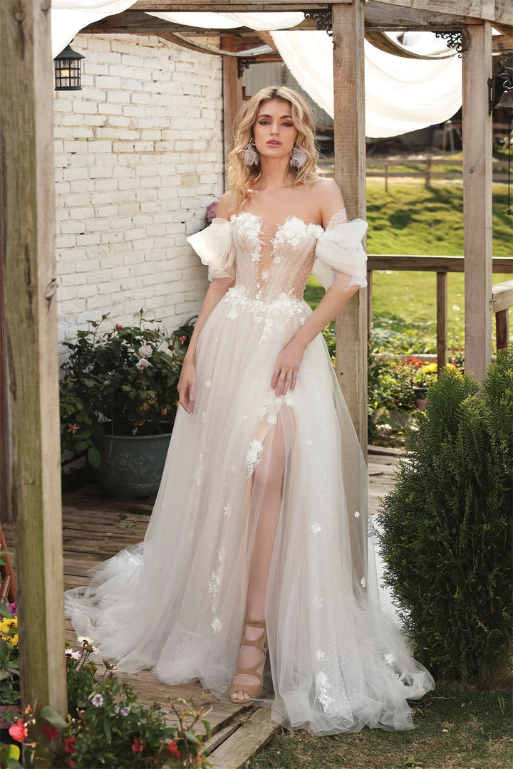 Side Slit 3D Floral A-line Wedding Gown