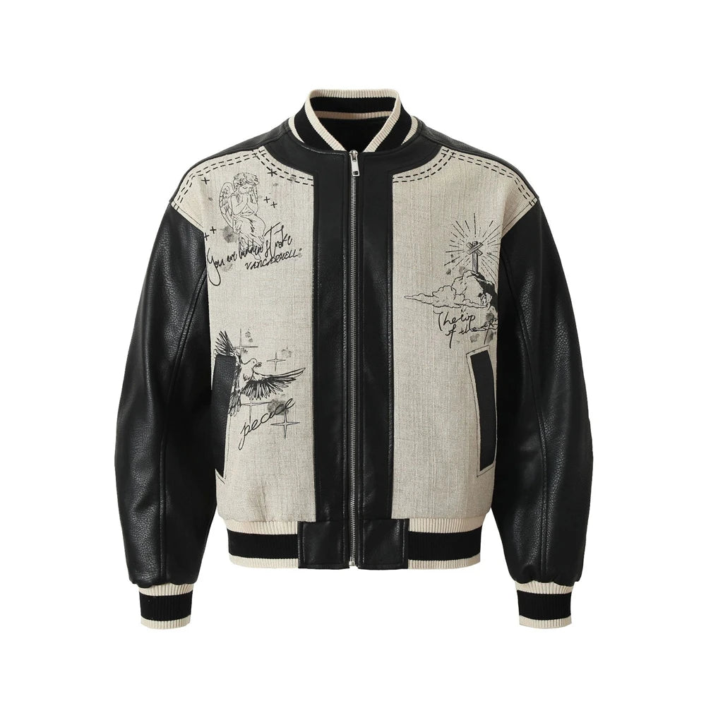 Black leather and cream patchwork baseball coat with graphic front panels and front zip