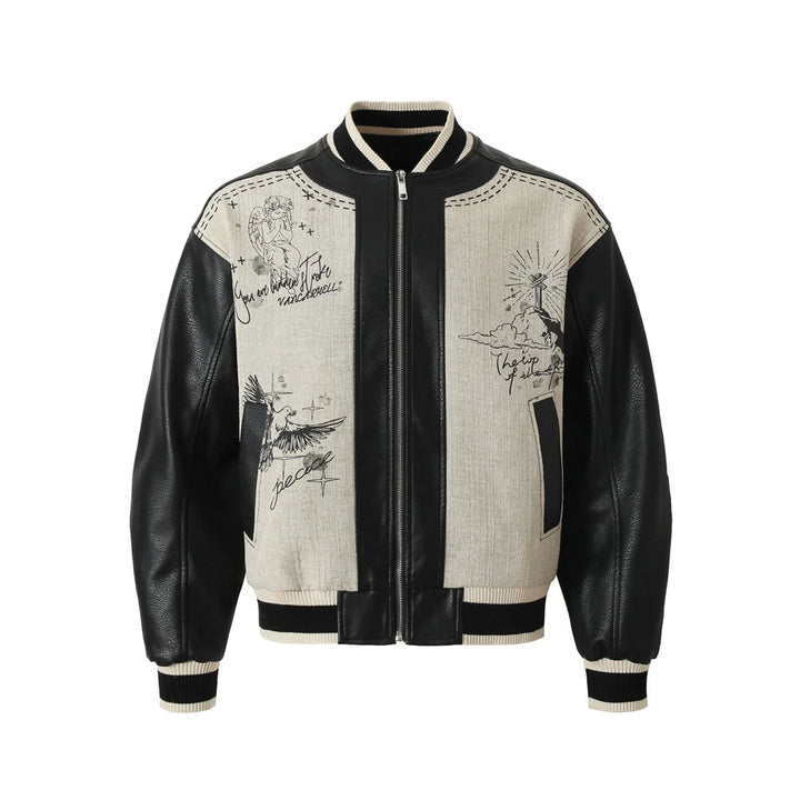 Black leather and cream patchwork baseball coat with graphic front panels and front zip