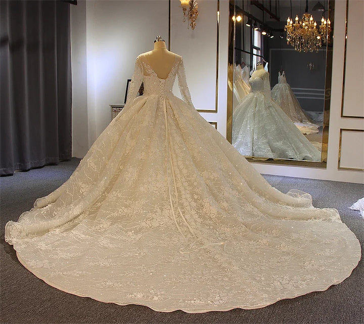 Sparkly lace bride dress on mannequin with long sleeves and full A-line skirt