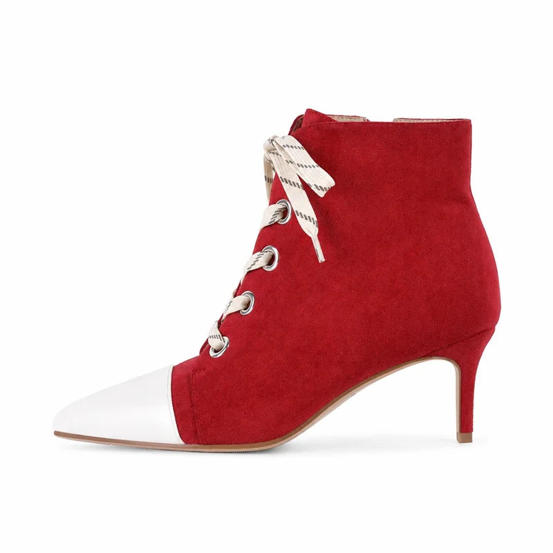 Red faux suede lace-up ankle boot with white laces and small block heel