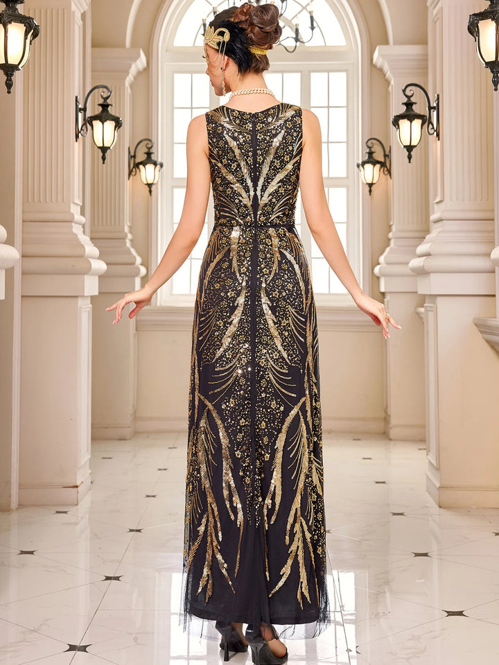 Black and gold sequin sleeveless flapper dress with open back and long body