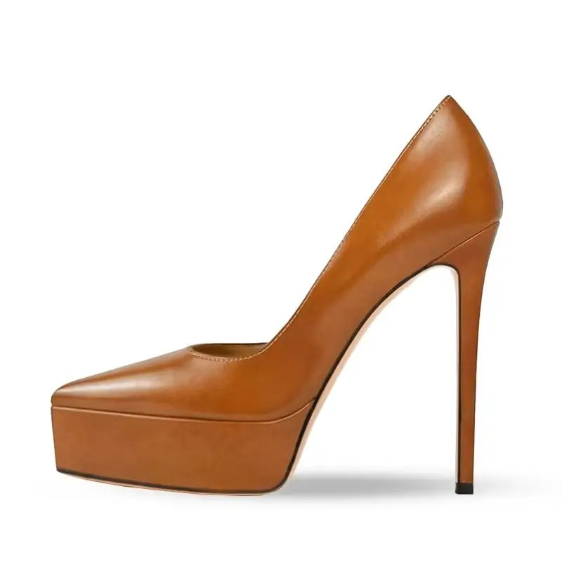 Tan slip-on high heel pump with platform sole and curved topline