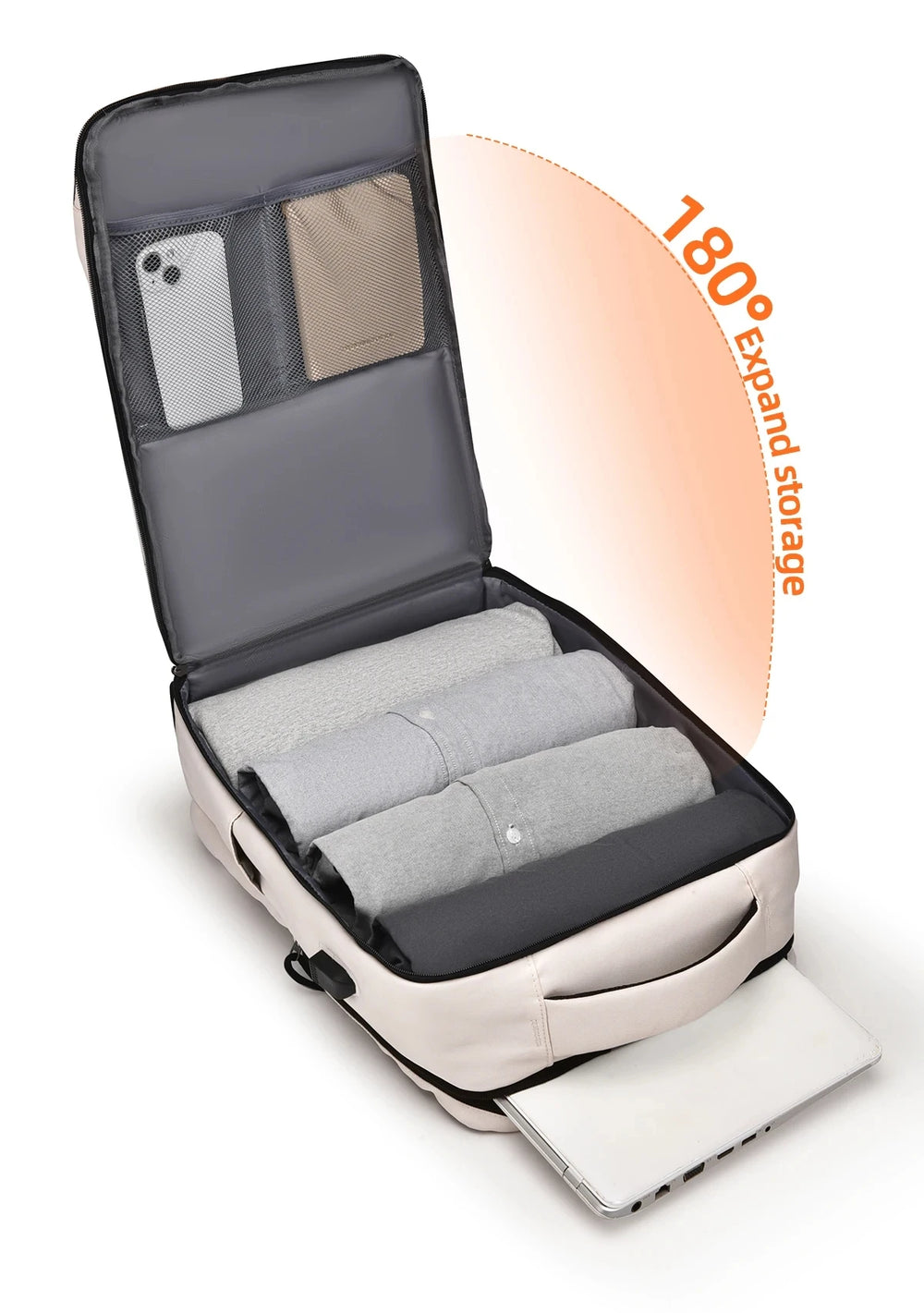 Off-white laptop backpack with wide-open expansion and interior zippered organizer