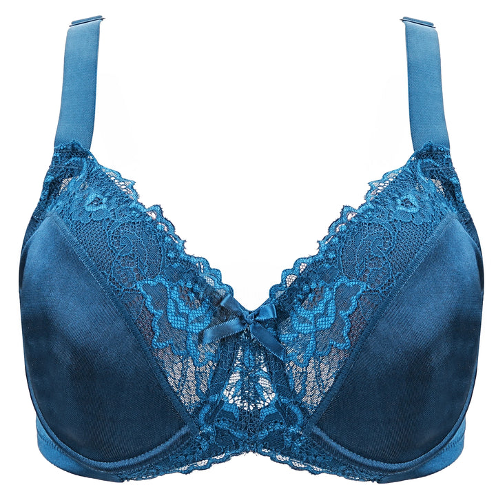Dark blue lace underwire bra with scalloped edges and center bow detail